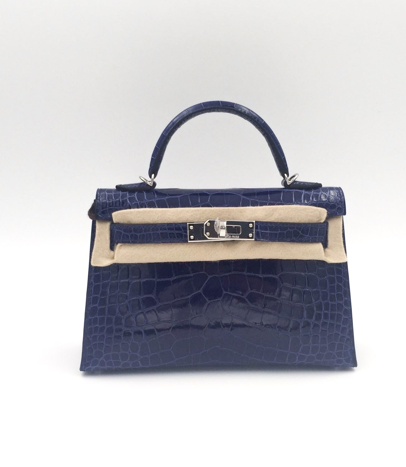 Hermes Kelly 20 Mini Sellier Bleu Saphir Shiny Alligator Palladium