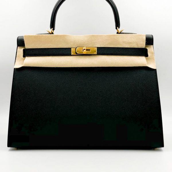 Hermès Kelly 35 Sellier Black Elephant Hide Gold Hardware