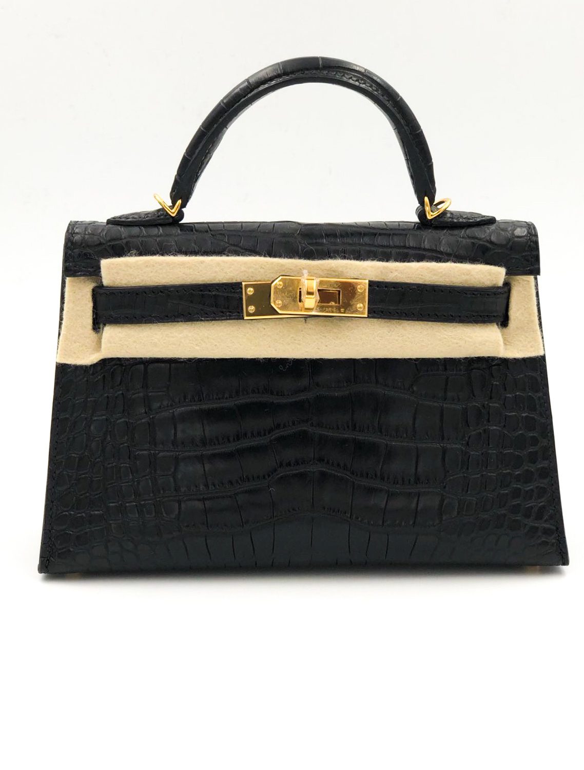 Hermes Kelly 20 Mini Sellier Noir Black Alligator Mat Matte Gold