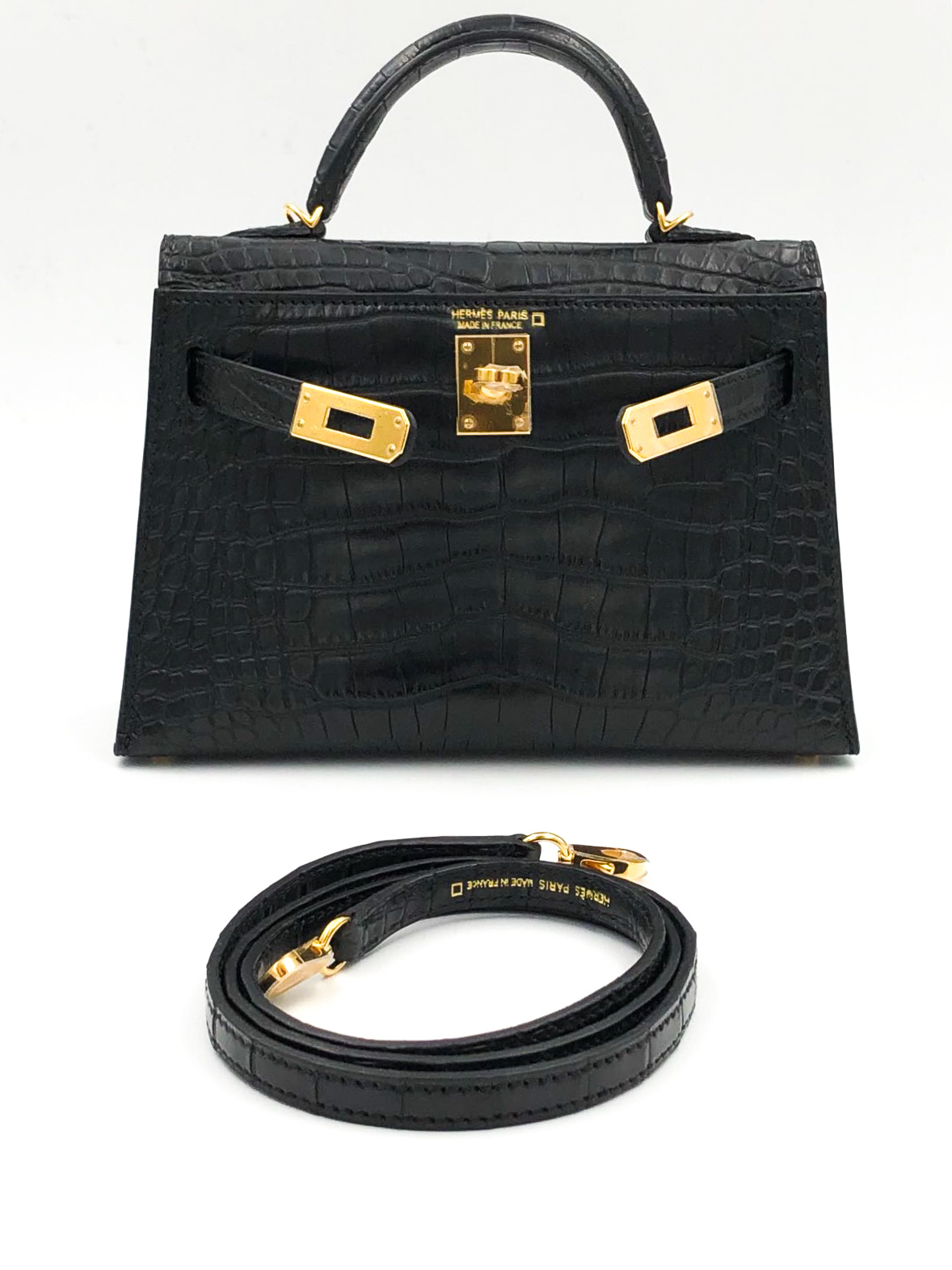 Hermes Kelly 20 Mini Sellier Noir Black Alligator Mat Matte Gold