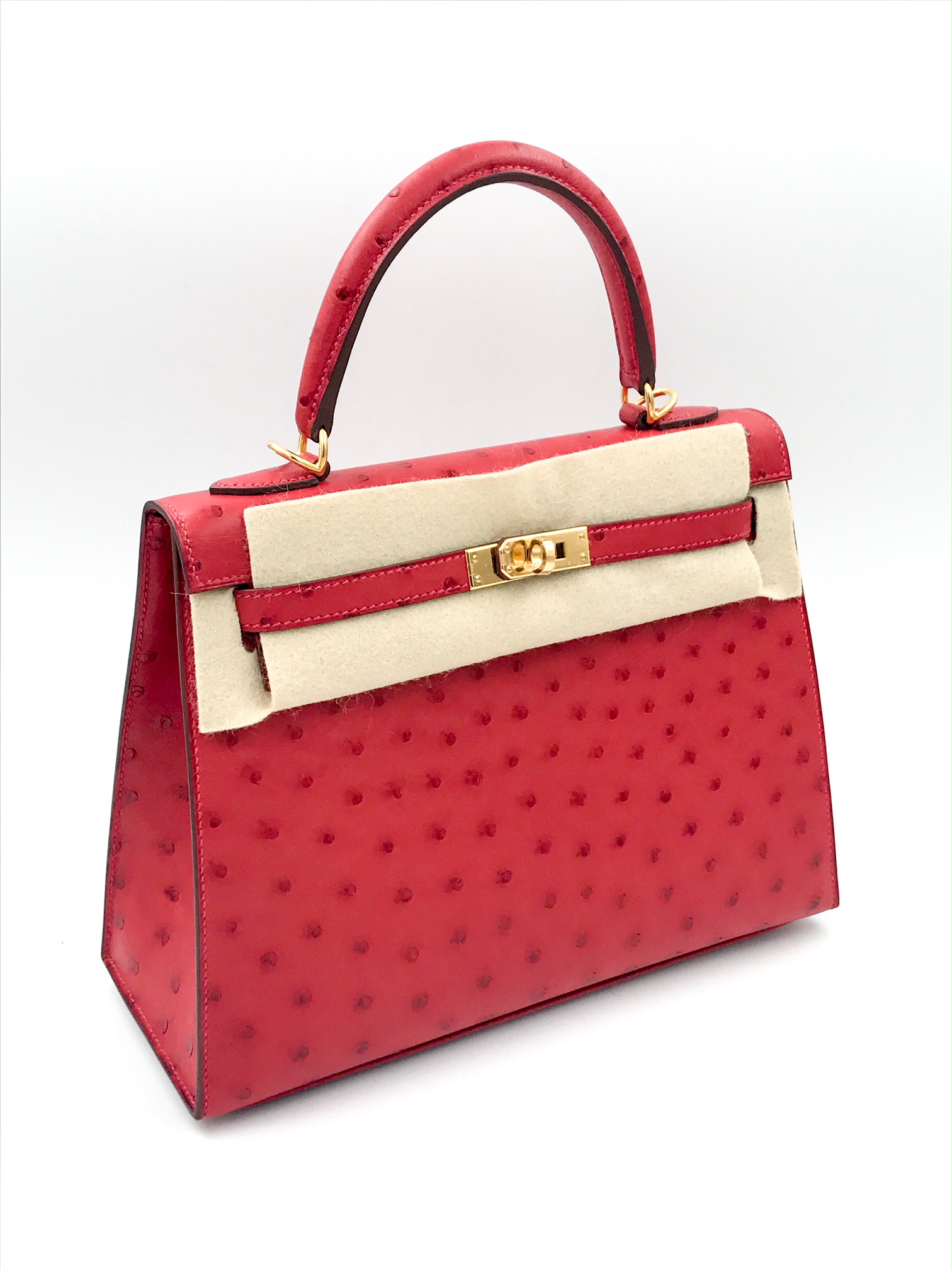 Hermes Kelly 25 Sellier Rouge Vif Ostrich Gold Hardware Vendome