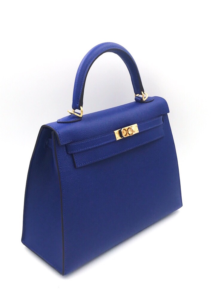 HERMES Kelly 25 Sellier Bleu Glacier Gold HW C *New - Timeless