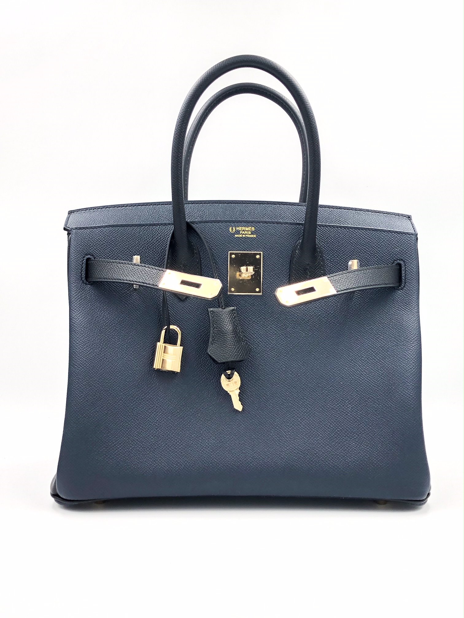 Authentic Hermes Bleu Indigo Togo Leather Lindy 30 Handbag