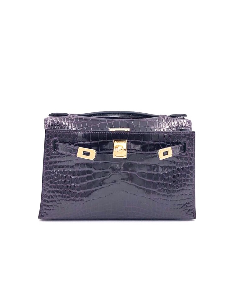 Hermes Kelly Mini Pochette Prunoir Shiny Niloticus Gold Hardware