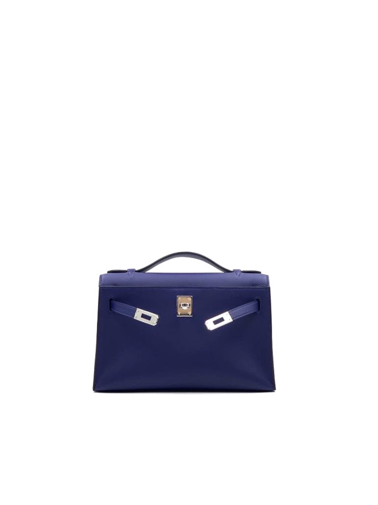 Hermes Kelly Pochette Bleu Brume Swift Palladium Hardware