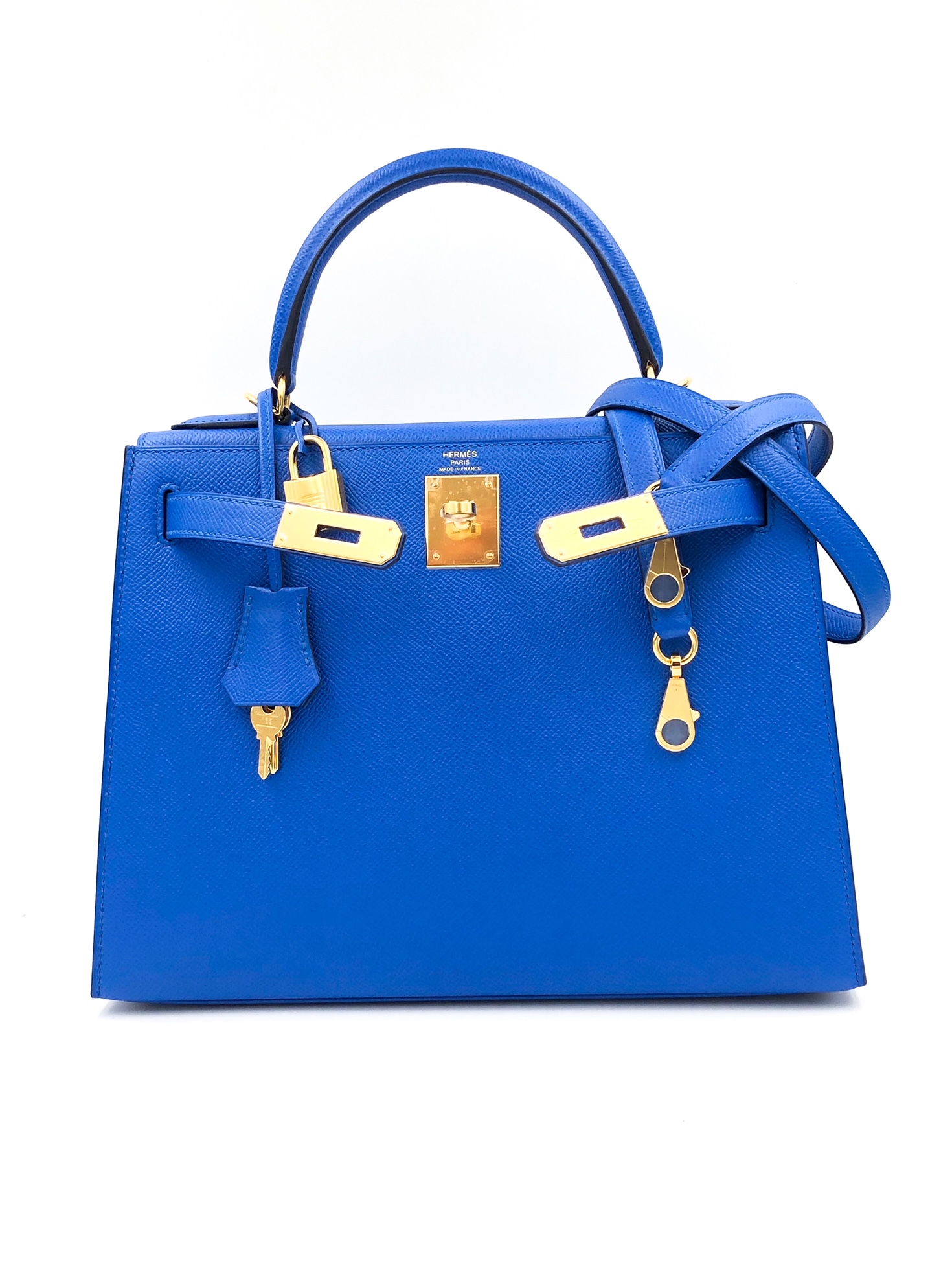 Hermès Kelly 28 Sellier Lettre E Encre Bleu Obscur Bleu Zellige Veau Epsom  Taurillon Clemence Veau Sombrero with Palladium Hardware - Bags - Kabinet  Privé