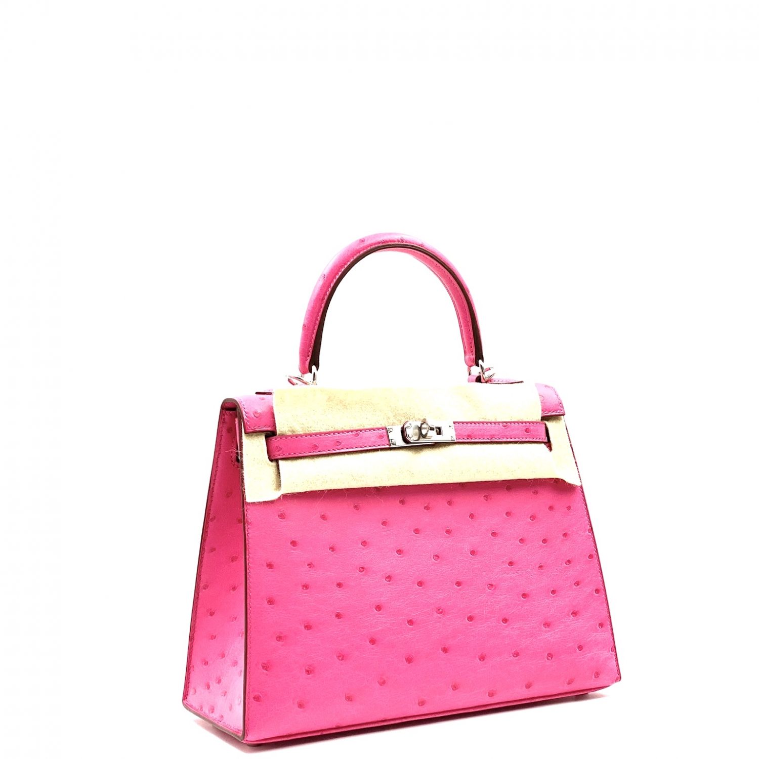 Hermes Kelly 25 Sellier Rose Tyrien Ostrich Palladium Hardware