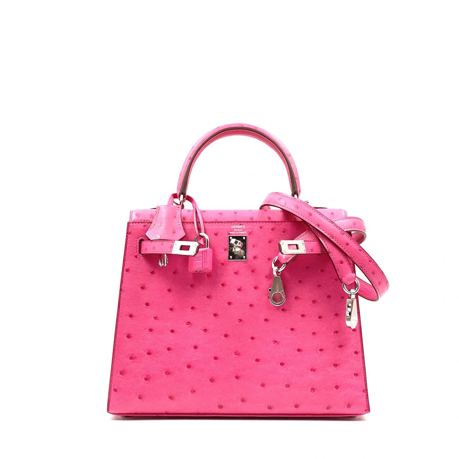 Hermes Kelly 25 Sellier Rose Tyrien Ostrich Palladium Hardware