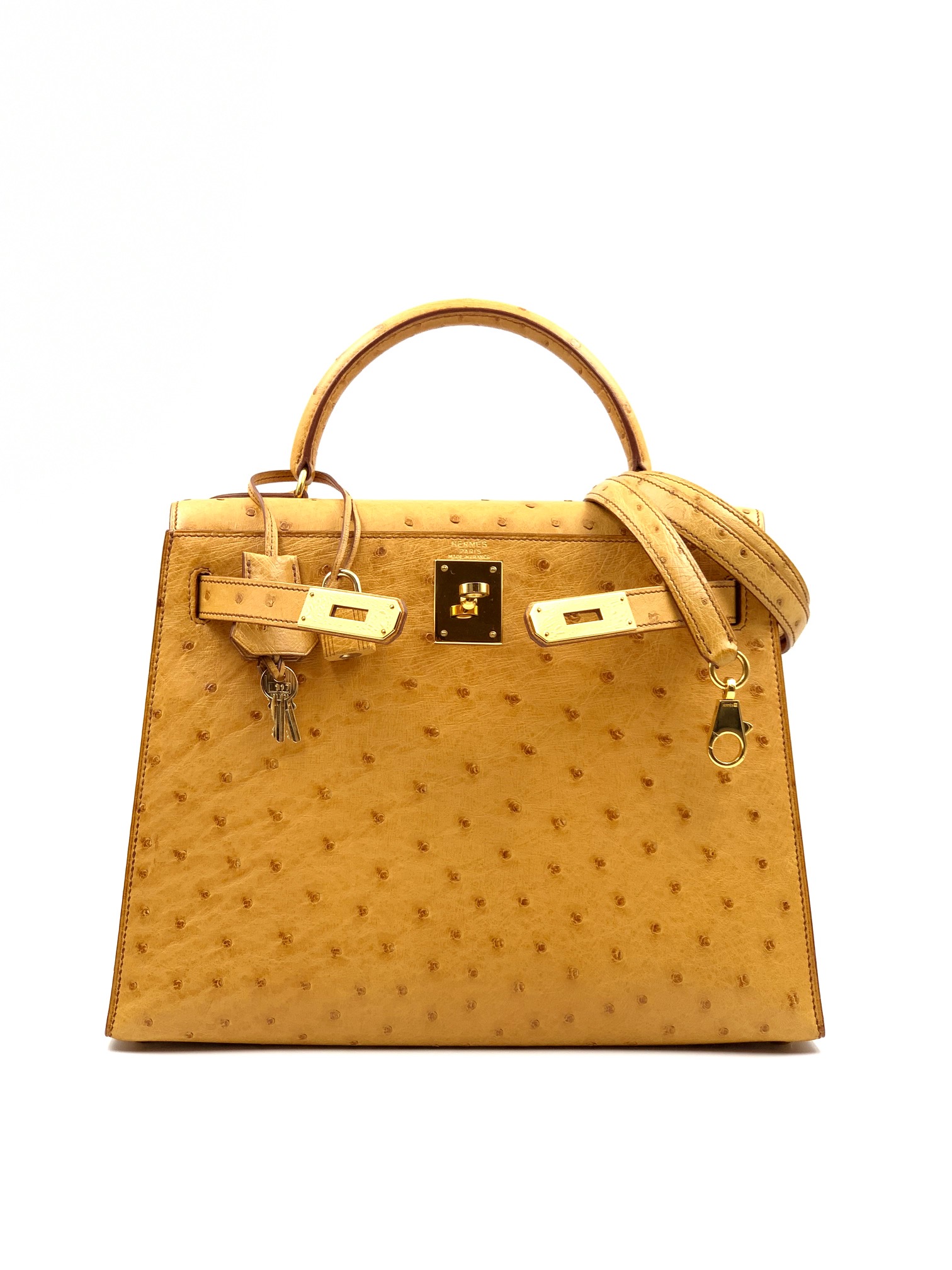 Kelly 35 Gold Colour in Ostrich Leather with gold Hardware. Hermès