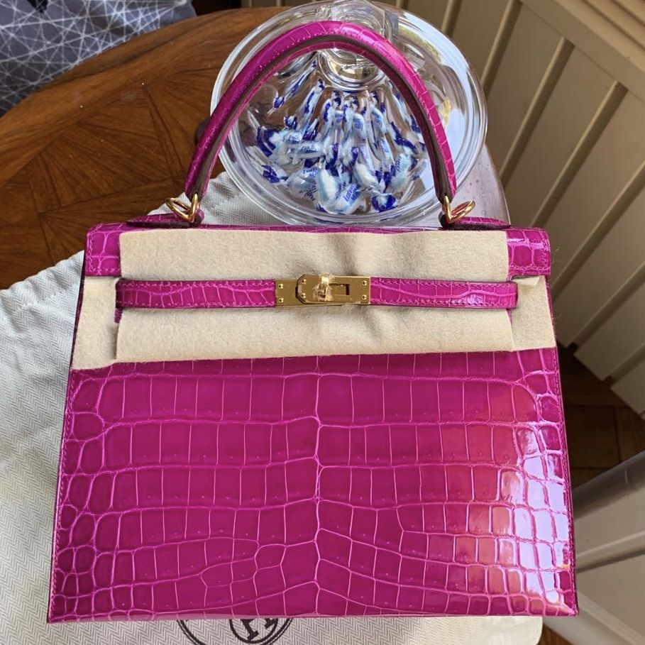 Hermes Kelly 25 Sellier Rose Scheherazade Niloticus Lisse Shiny Gold  Hardware #D - Vendome Monte Carlo