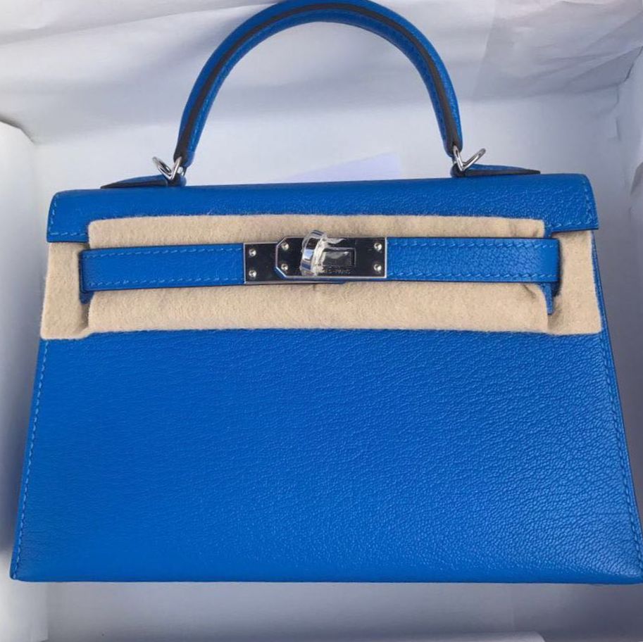 Hermes Kelly 20 Mini Sellier Bleu Hydra Chevre Mysore Palladium