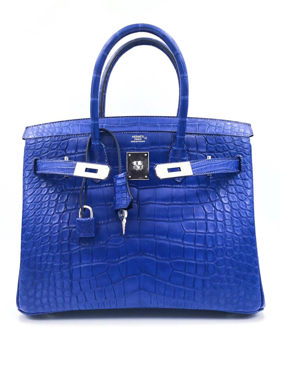 Pre-owned Hermes Birkin 30 Bleu Mykonos Matte Alligator Palladium Hard –  Madison Avenue Couture