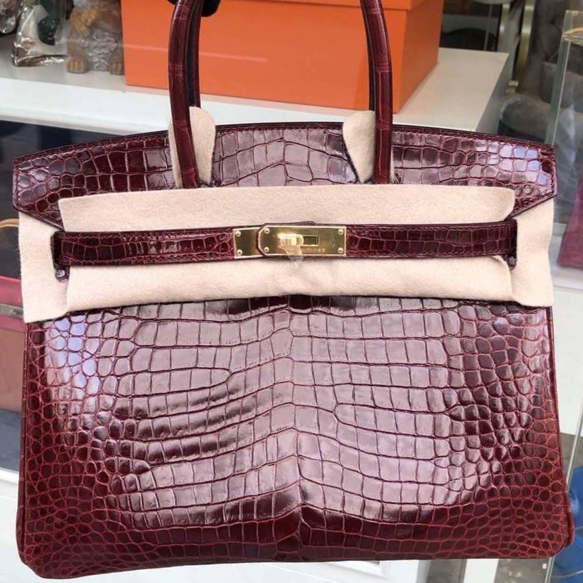 Hermes Birkin Bag Alligator Leather Gold Hardware In Burgundy