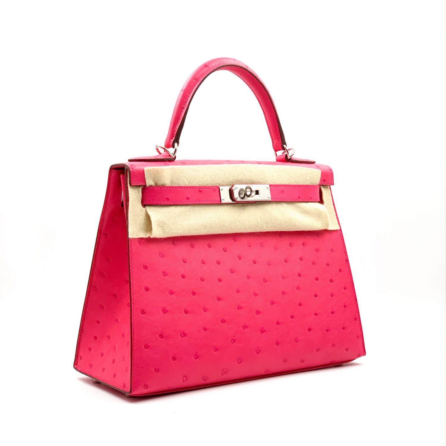 Hermes Kelly Sellier 28 Rose Tyrien Ostrich Palladium Hardware