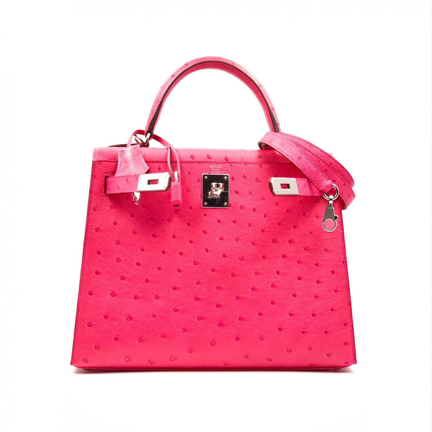 Hermes Kelly Sellier 28 Rose Tyrien Ostrich Palladium Hardware