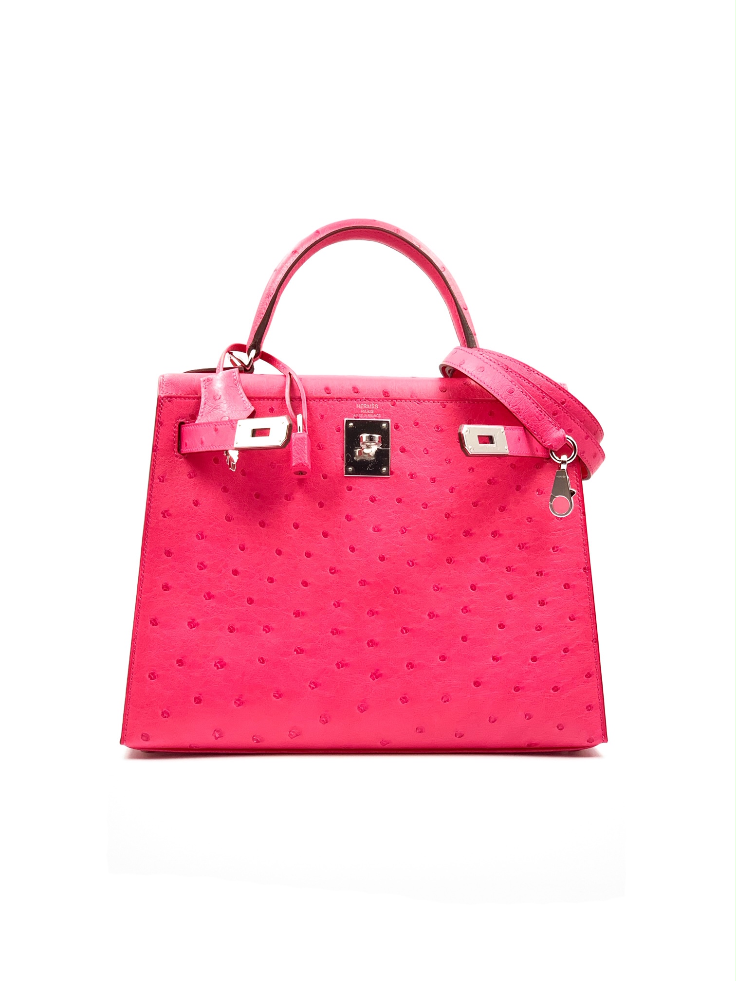 Hermes Kelly 25 Sellier Rose Tyrien Ostrich Palladium Hardware