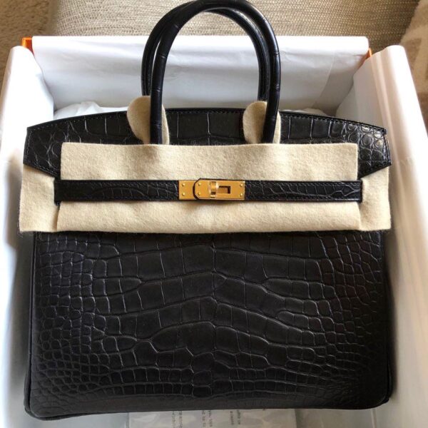 Hermes Birkin 25 Noir Black Alligator Mat Matte Gold Hardware #X ...