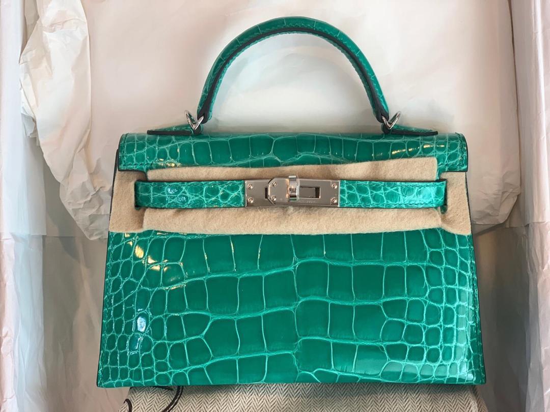 Hermes Kelly 20 Mini Sellier Jade Shiny Porosus Palladium Hardware -  Vendome Monte Carlo