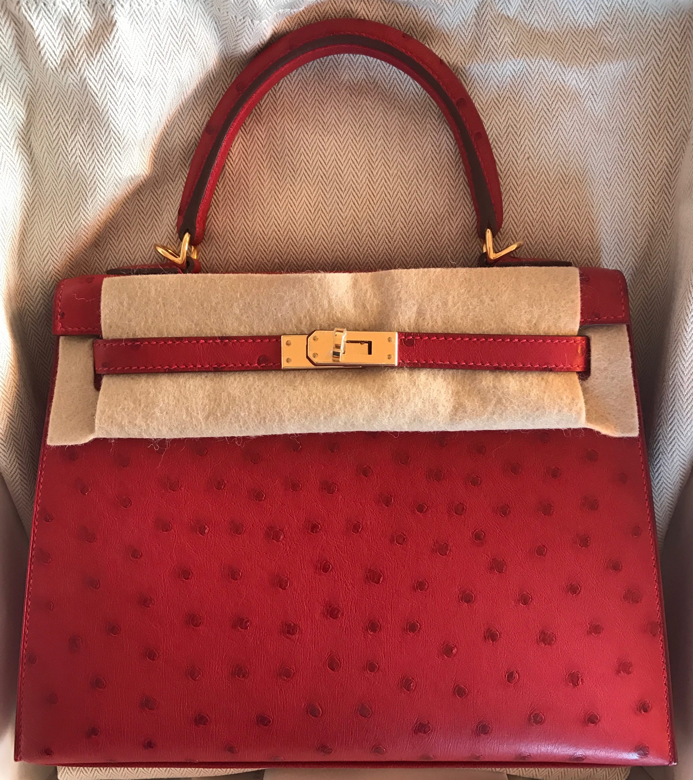 Hermes Rouge Vif Red Gold Ostrich Sellier Kelly 25 Handbag Bag