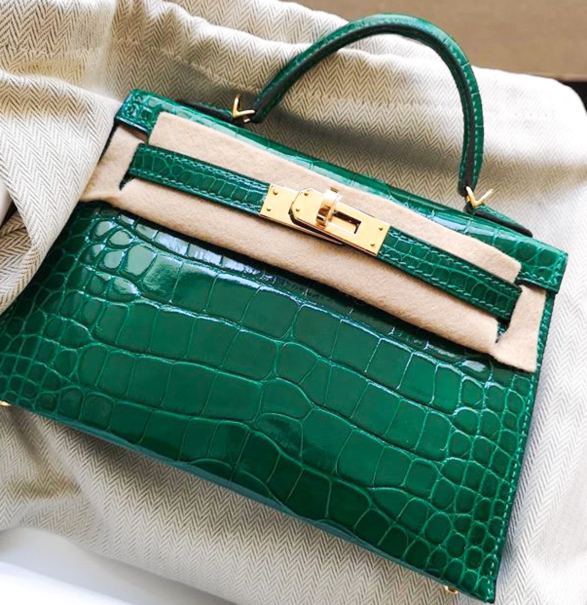 Hermès MiniKelly Pochette Crocodile Shiny Alligator 6Q Emerald Gold Ha –  SukiLux