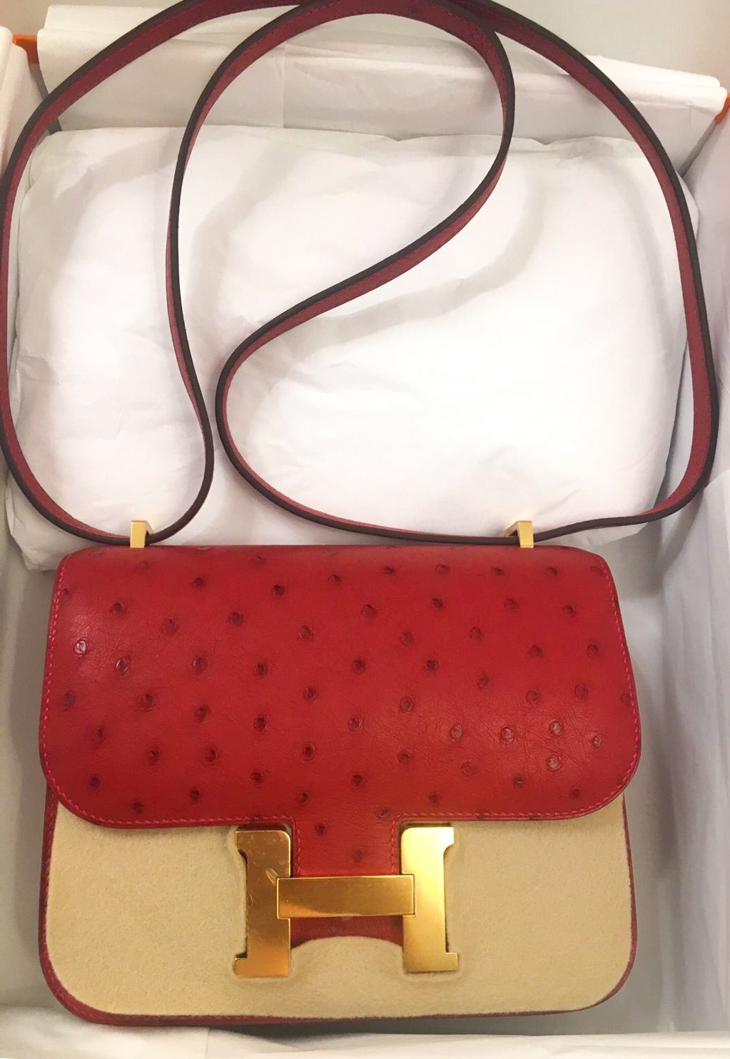 Hermes Constance Bag III 24 Rouge Vif Ostrich Gold Hardware