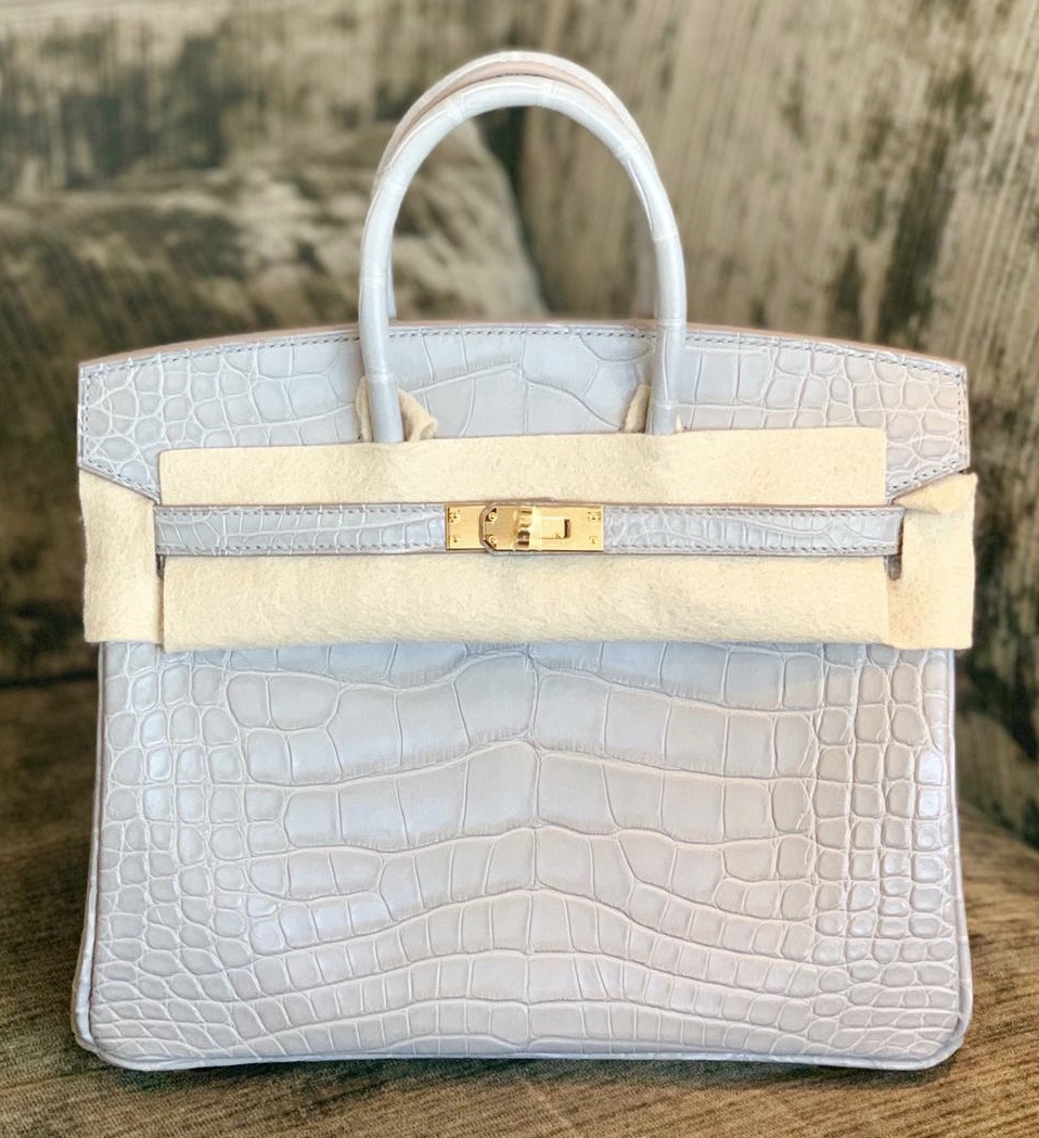 Hermès Birkin 25 Gris Elephant Crocodile Porosus Matte Gold Hardware GHW