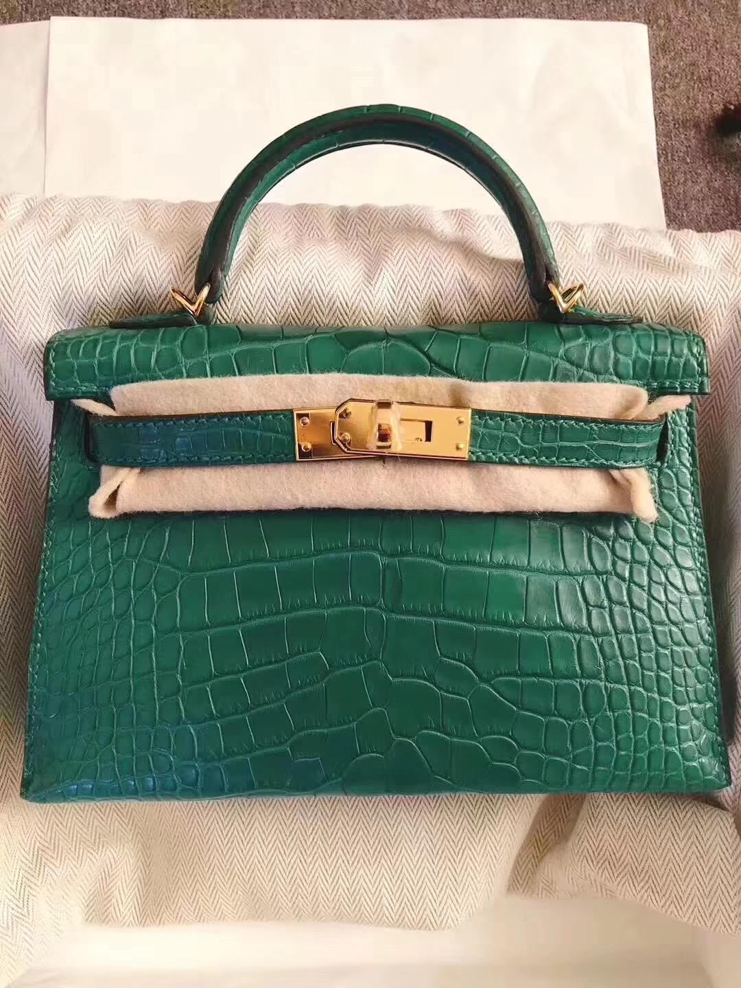 Hermes Kelly 20 Mini Sellier Malachite Matte Alligator Gold