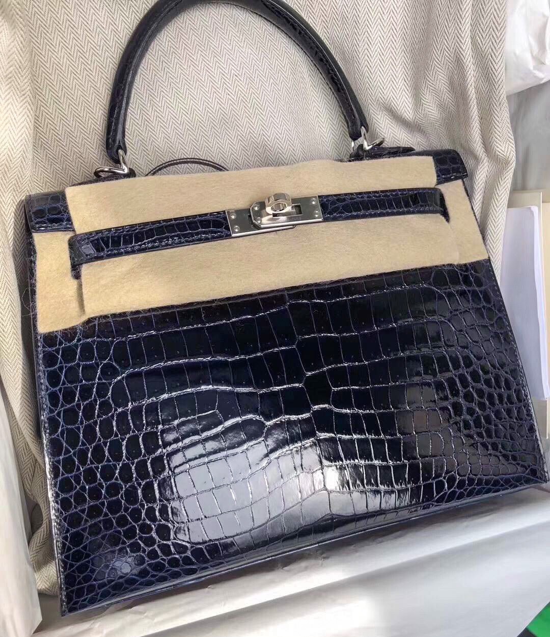 Hermes Kelly 25 Sellier Bleu Marine Shiny Porosus Palladium Hardware ...