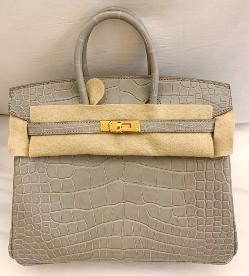 Hermès Birkin 25 Gris Elephant Crocodile Porosus Matte Gold Hardware GHW