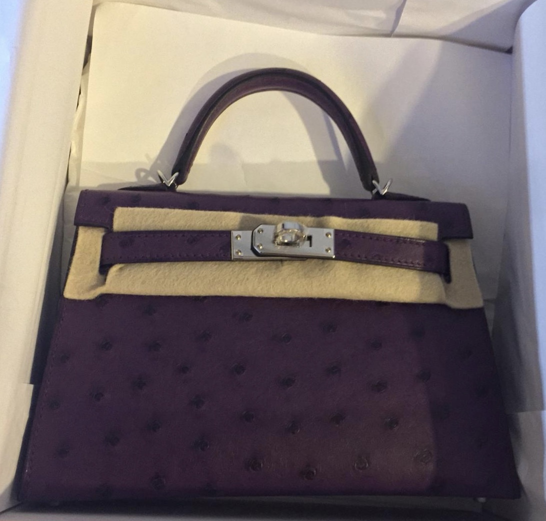 Hermes Kelly 20 Mini Sellier Violine Autruche (Ostrich) Palladium