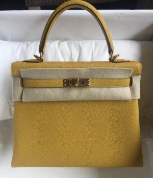 Hermes Kelly Pochette Bag Amber Swift Gold Hardware