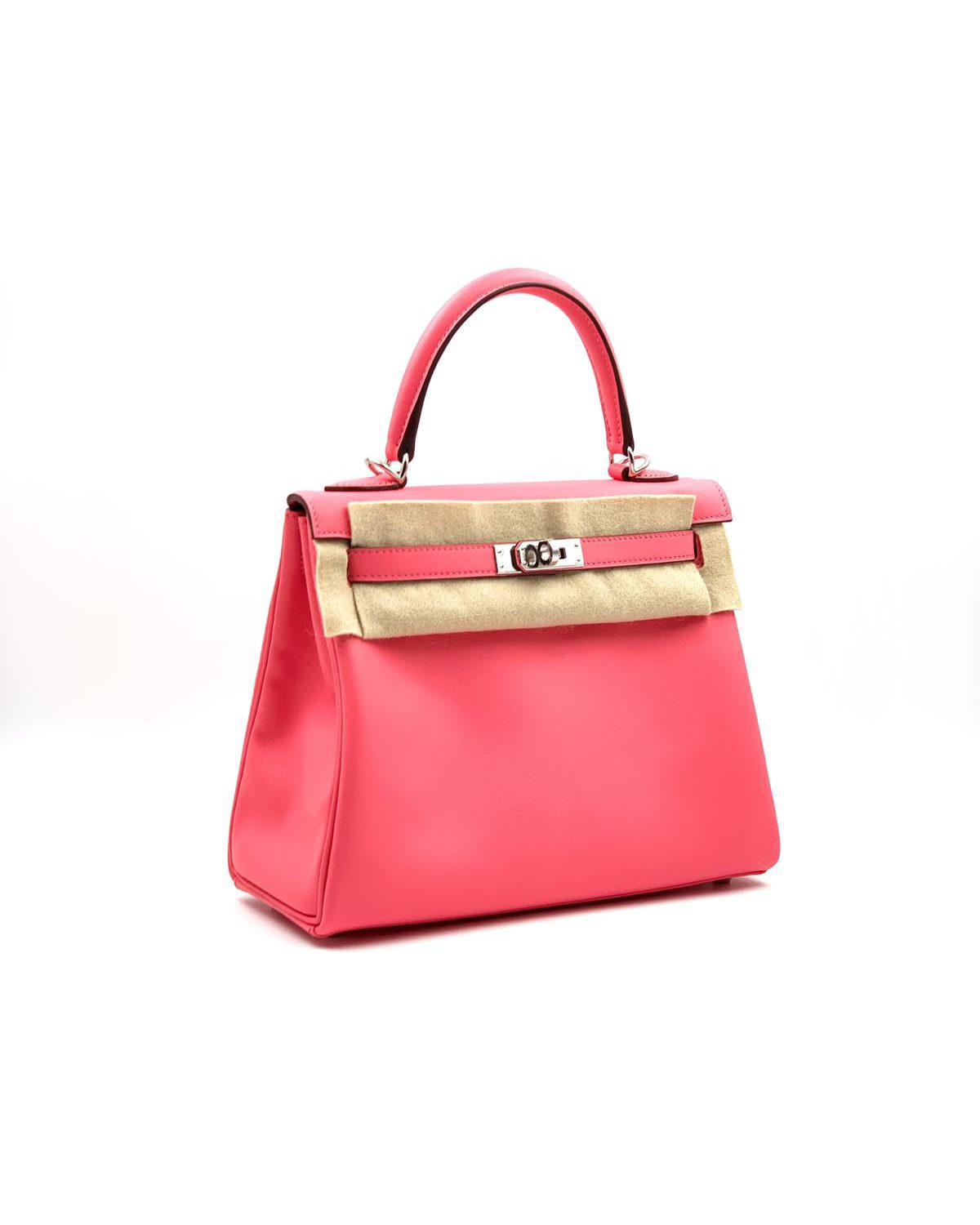 Hermès 25 Kelly Hand Bag Rose Azalee Swift Palladium Mint Box and