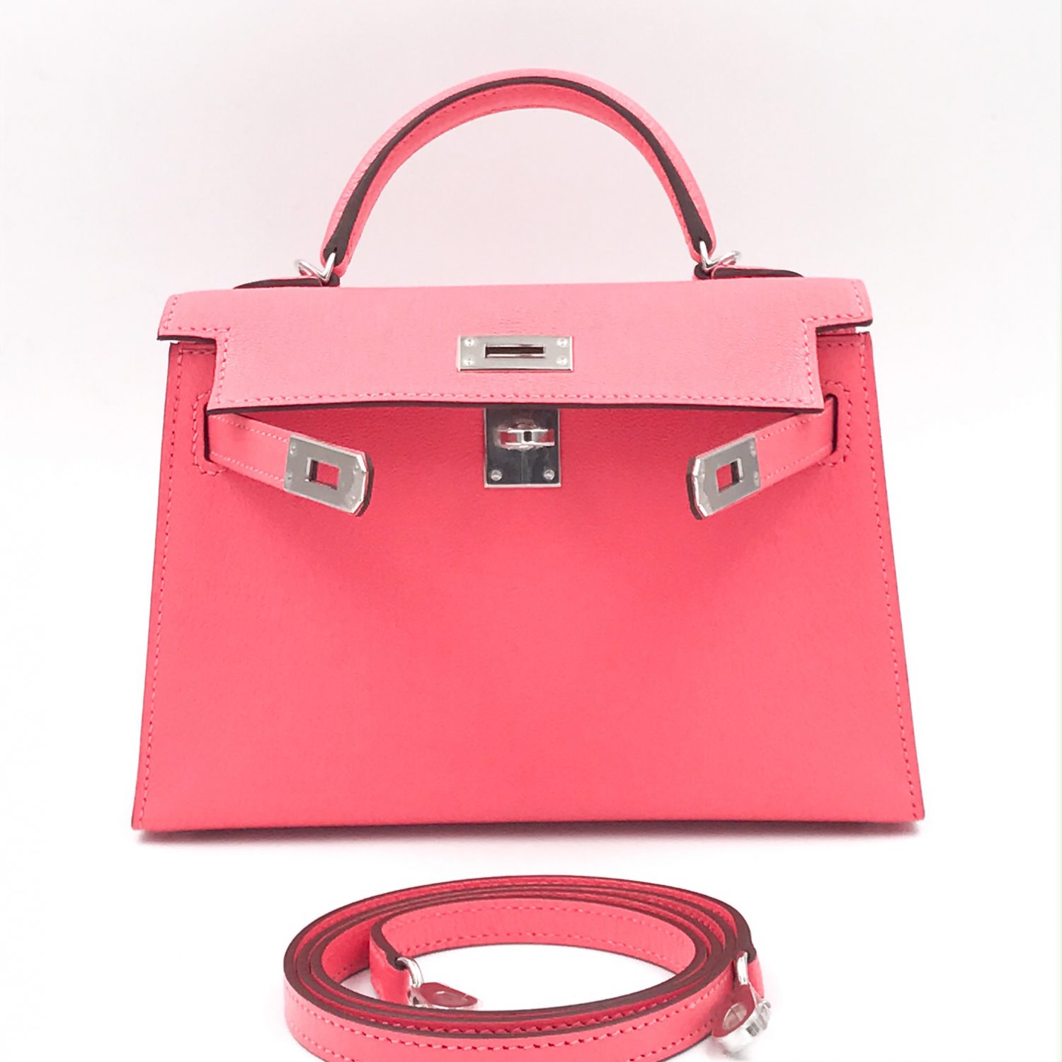 Hermes Kelly 20 Mini Sellier Rose Lipstick Chèvre Mysore Palladium