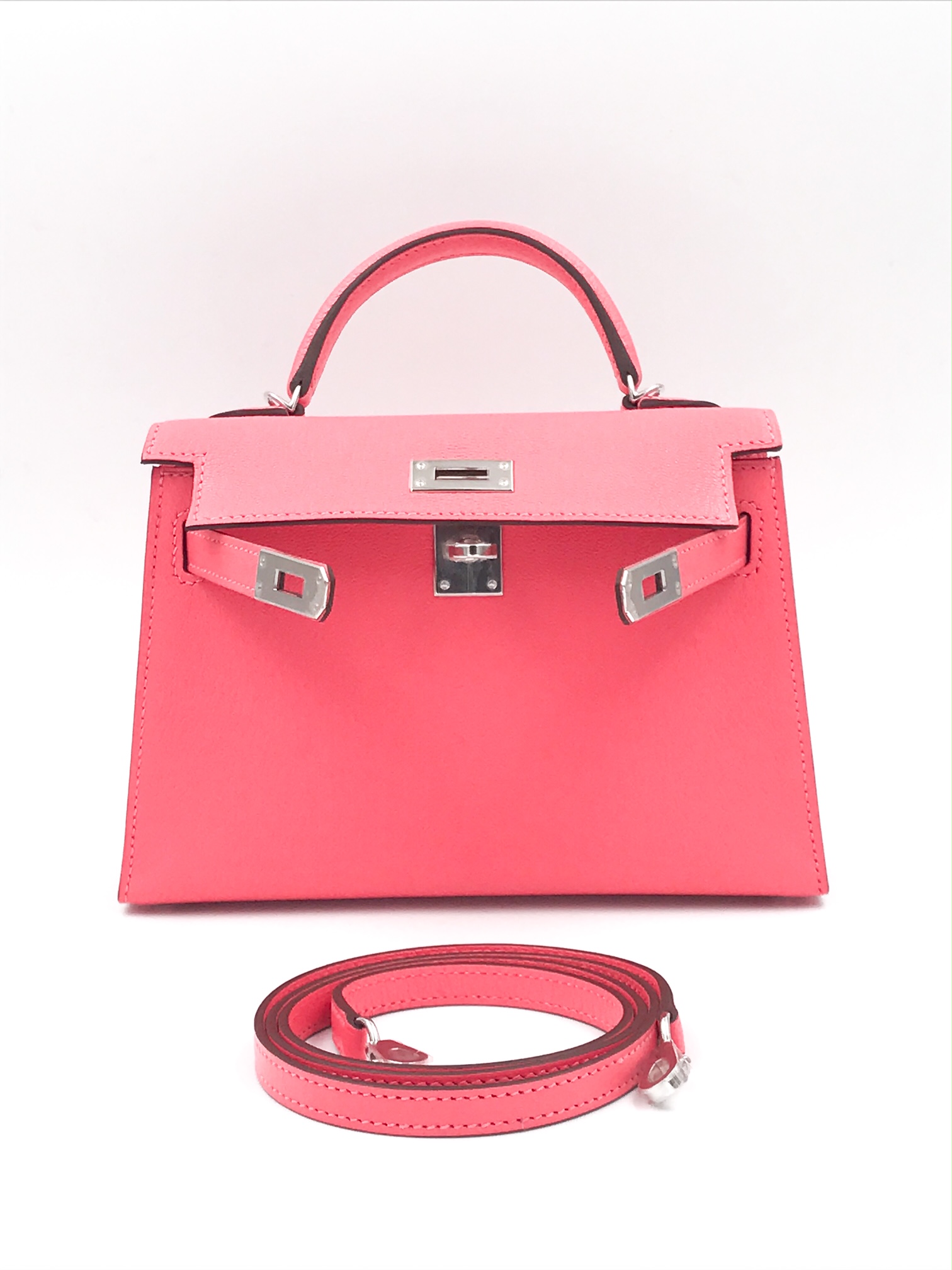 Hermes Kelly 20 Mini Sellier Rose Lipstick Chèvre Mysore Palladium