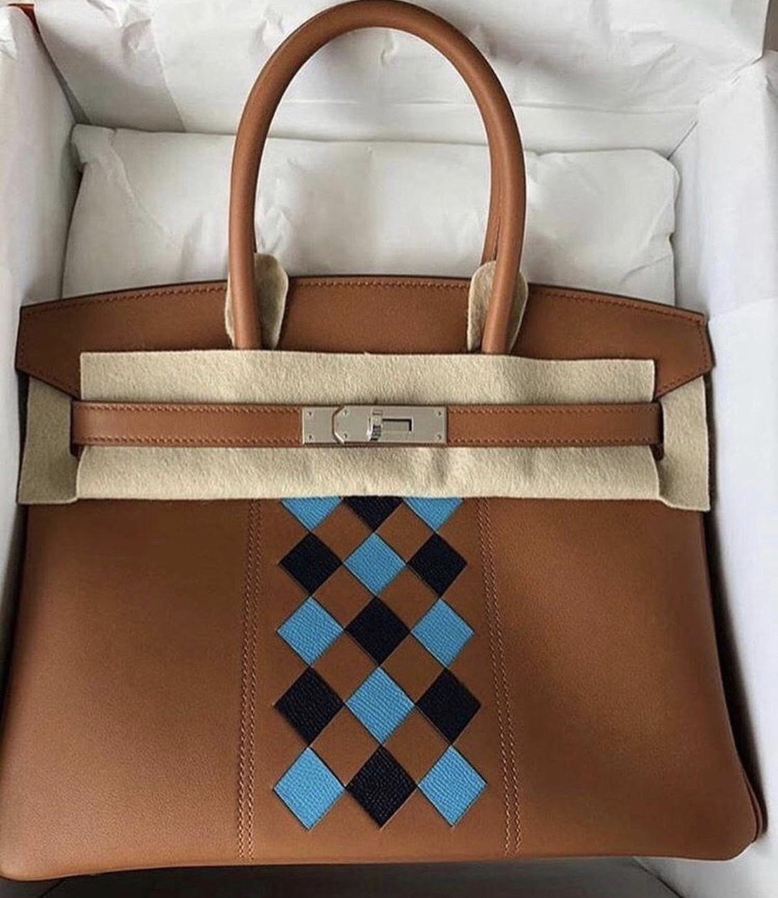 Hermes Birkin 30 Tressage Gold/Bleu du Nord/Bleu Indigo Swift Palladium  Hardware #D - Vendome Monte Carlo