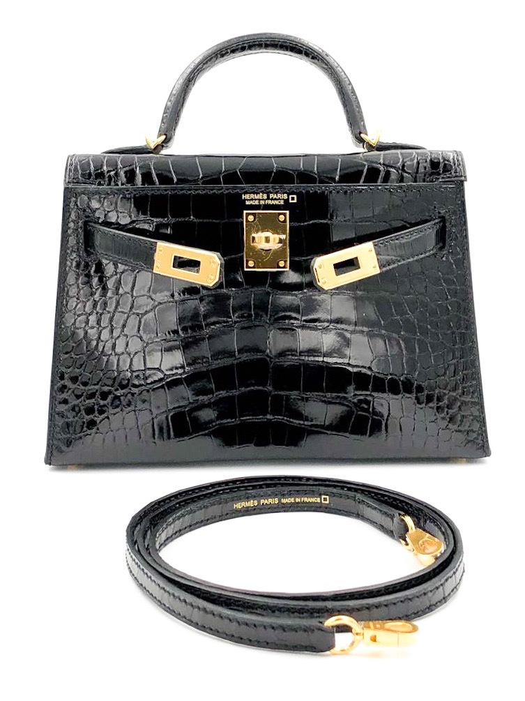 Hermes Kelly 20 Mini Sellier Noir (Black) Alligator Lisse (Shiny) Gold  Hardware #D - Vendome Monte Carlo