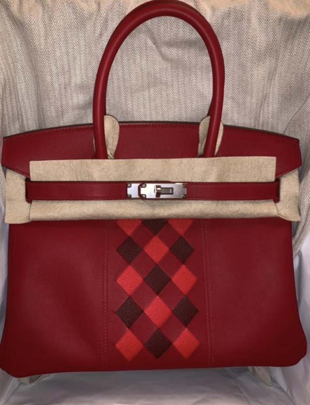 Hermes Birkin 30 Tressage Rouge de Coeur/Rouge H Epsom/Swift Palladium  Hardware #D - Vendome Monte Carlo