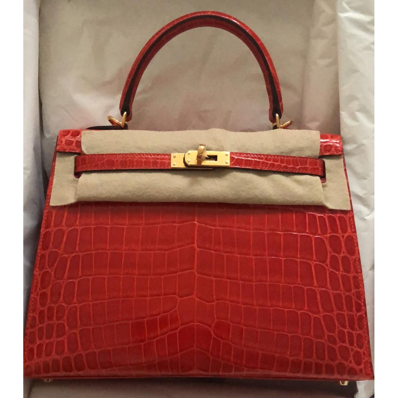 Hermes Geranium Red Crocodile Gold Birkin 25 Handbag Kelly