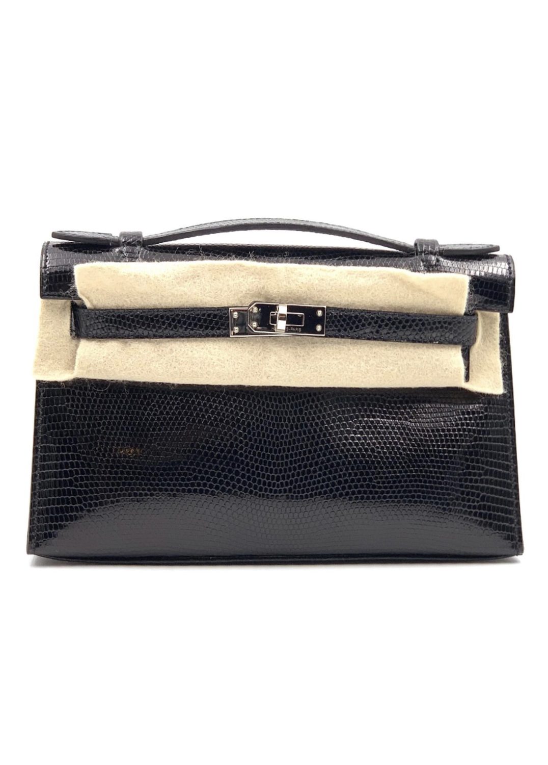 Hermes Kelly Pochette Noir Black Lezard Lizard Palladium Hardware J Vendome Monte Carlo