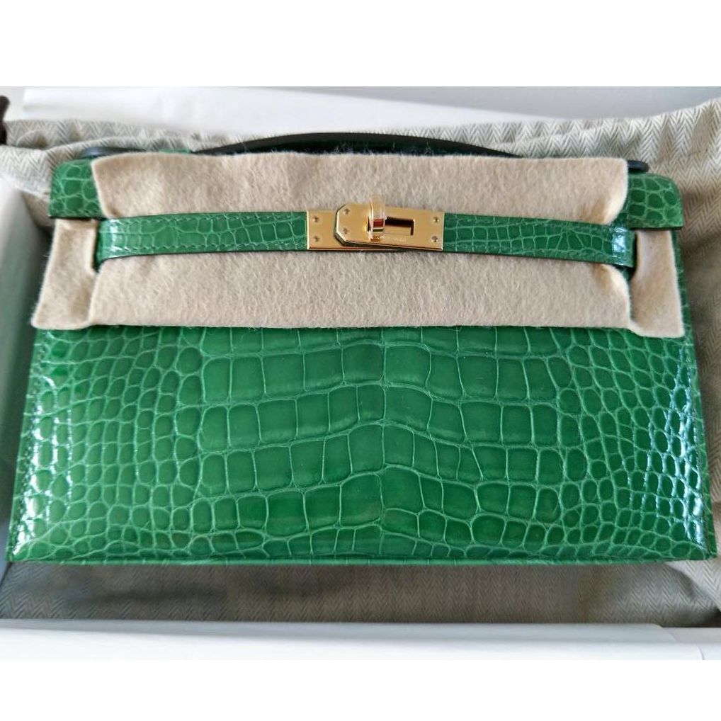 Hermes Kelly Pochette Vert Cypress Shiny Alligator Gold Hardware