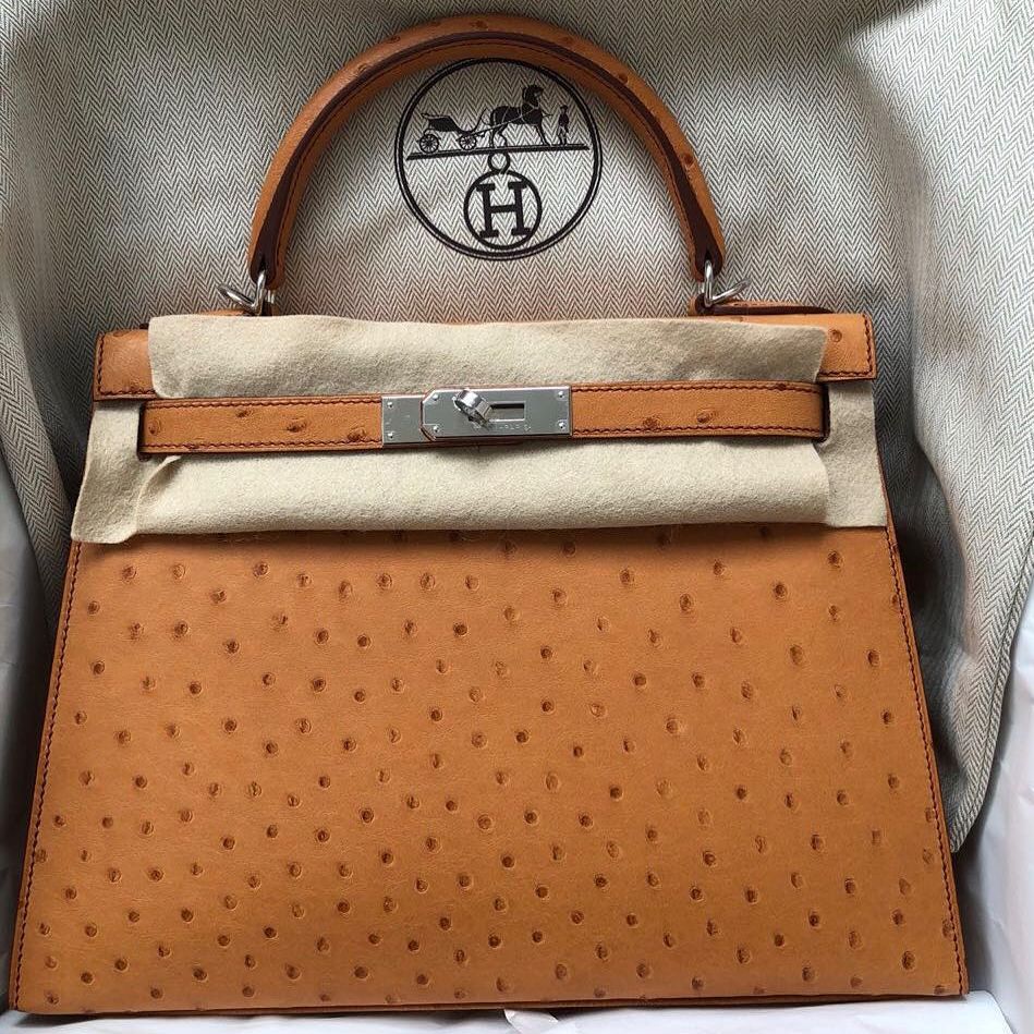 Hermes Kelly Bag Ostrich Leather Gold Hardware In Brown