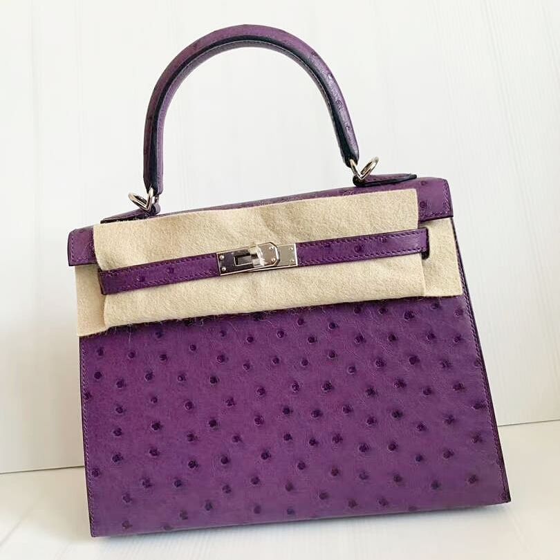 Hermes Kelly 25 Sellier Violet Autruche Ostrich Palladium Hardware C Vendome Monte Carlo