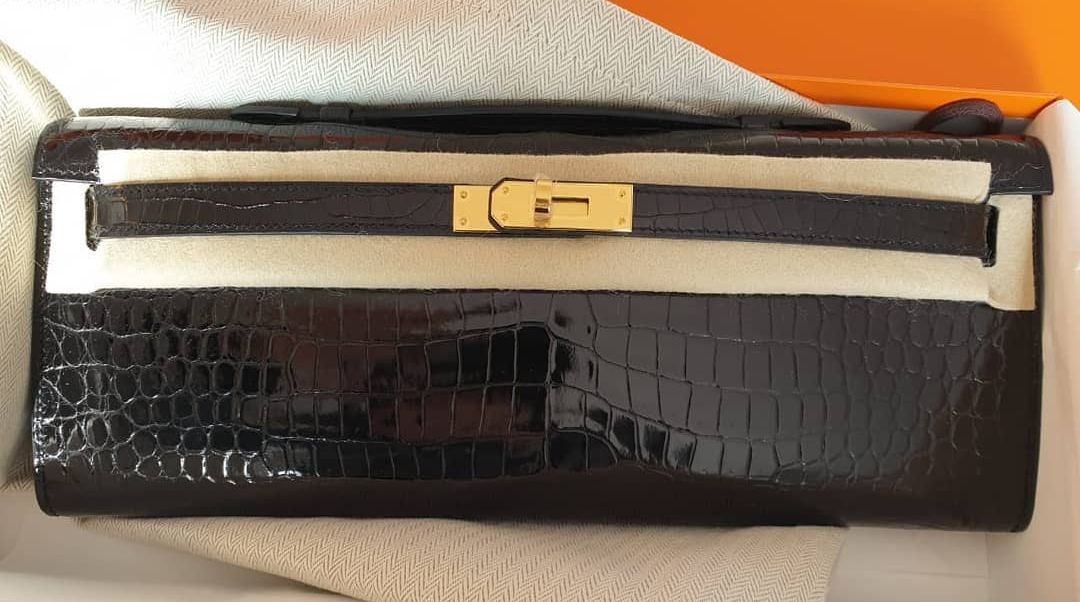 Hermes Kelly Cut Noir Black Alligator Lisse Shiny Gold Hardware #C