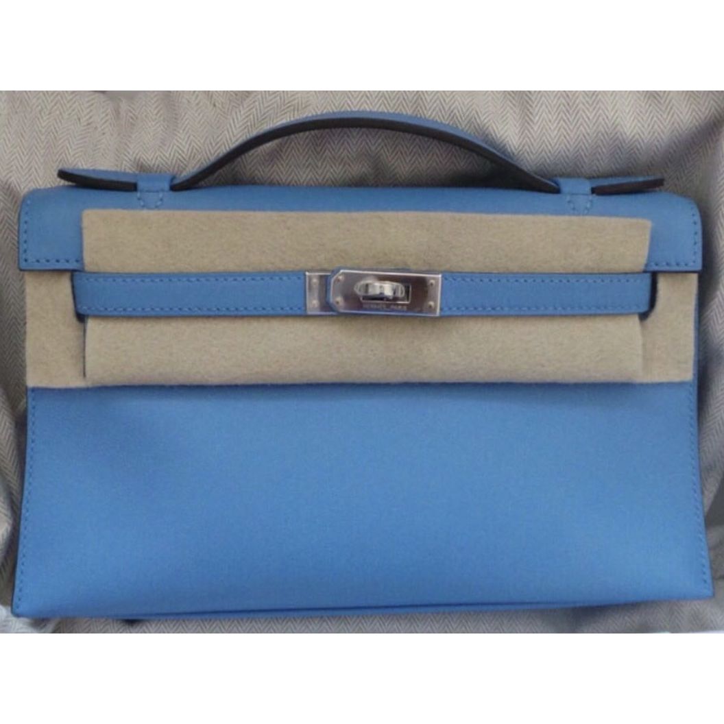 Hermes Kelly Pochette Bleu Paradis Swift Palladium Hardware T