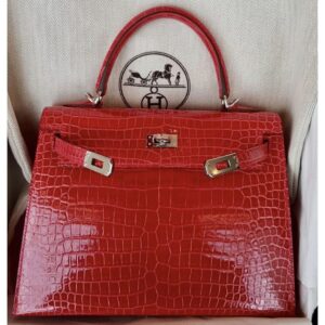 Hermes Kelly bag 25 Sellier Braise Alligator crocodile skin Silver