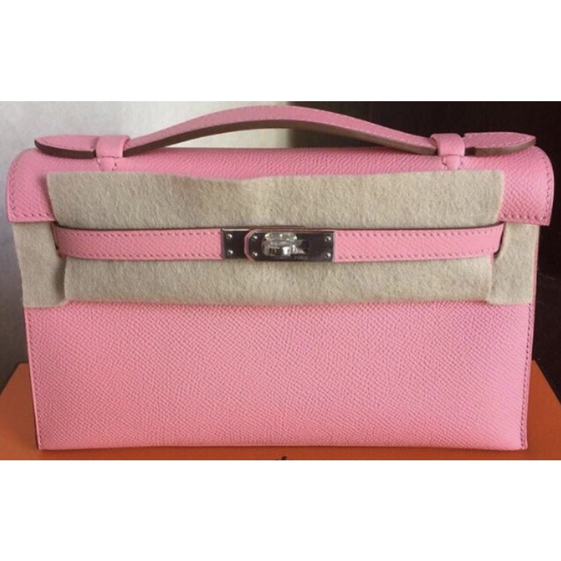 Hermes Kelly Pochette Rose Confetti Epsom Palladium Hardware #X