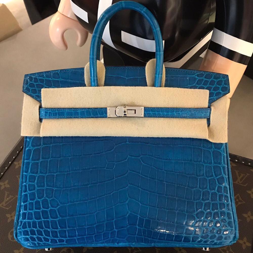 Hermes Birkin 25 Handbag N7 Blue Tempete Shiny Niloticus GHW