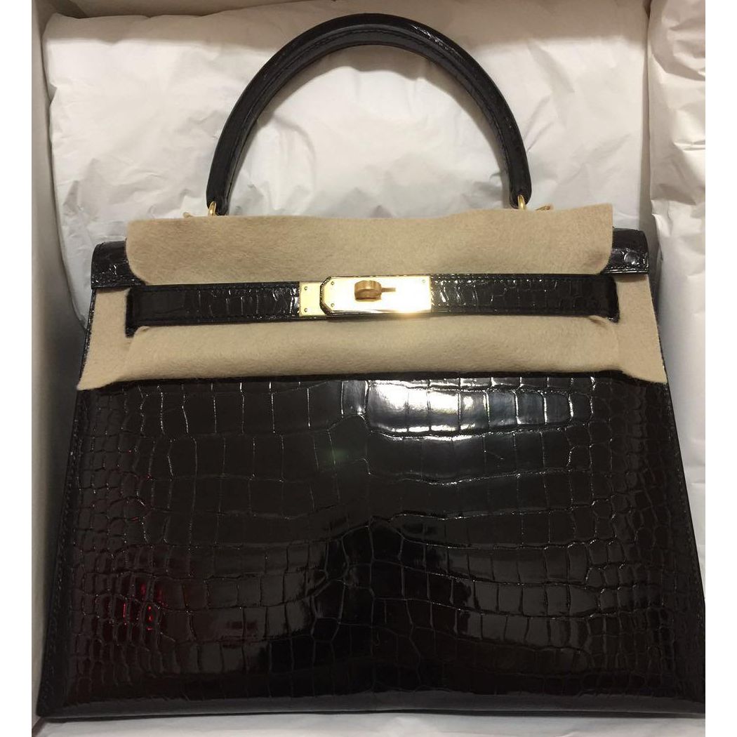 Hermès Kelly 28 Noir (Black) Sellier Crocodile Niloticus Lisse