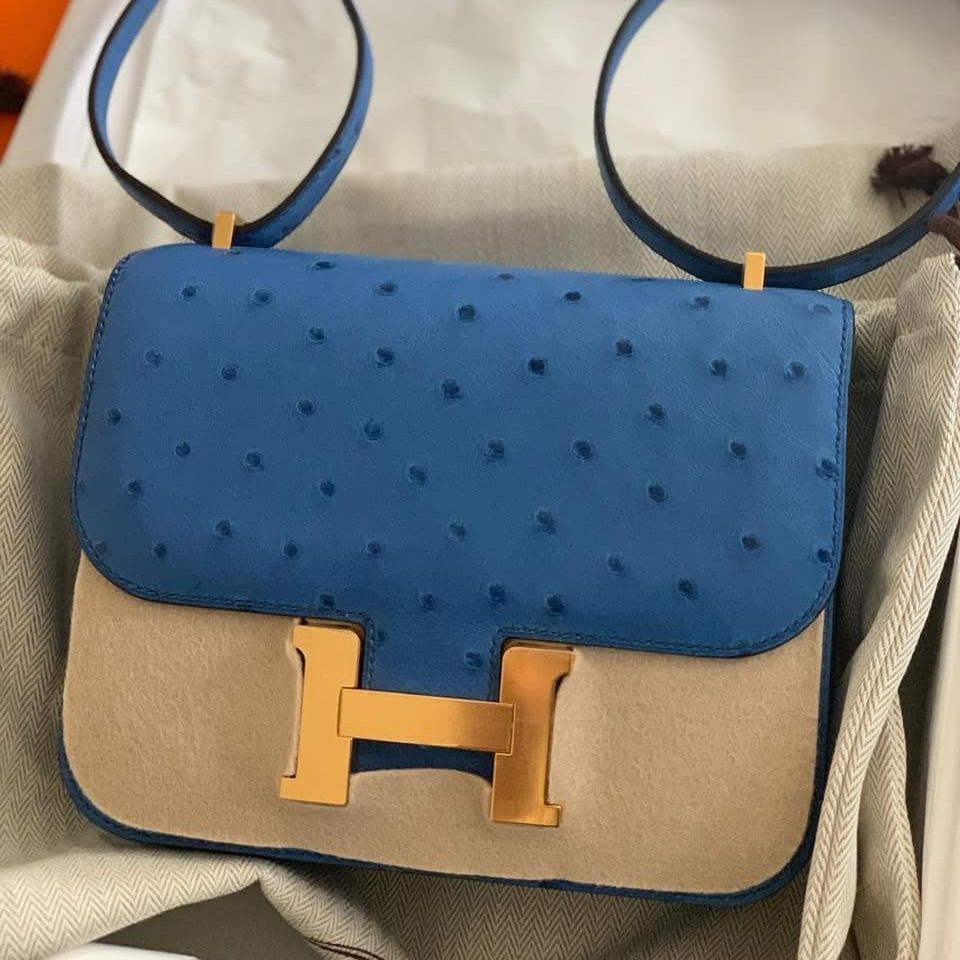 Kelly 28 HSS Ostrich Vert Titien / Bleu Indigo