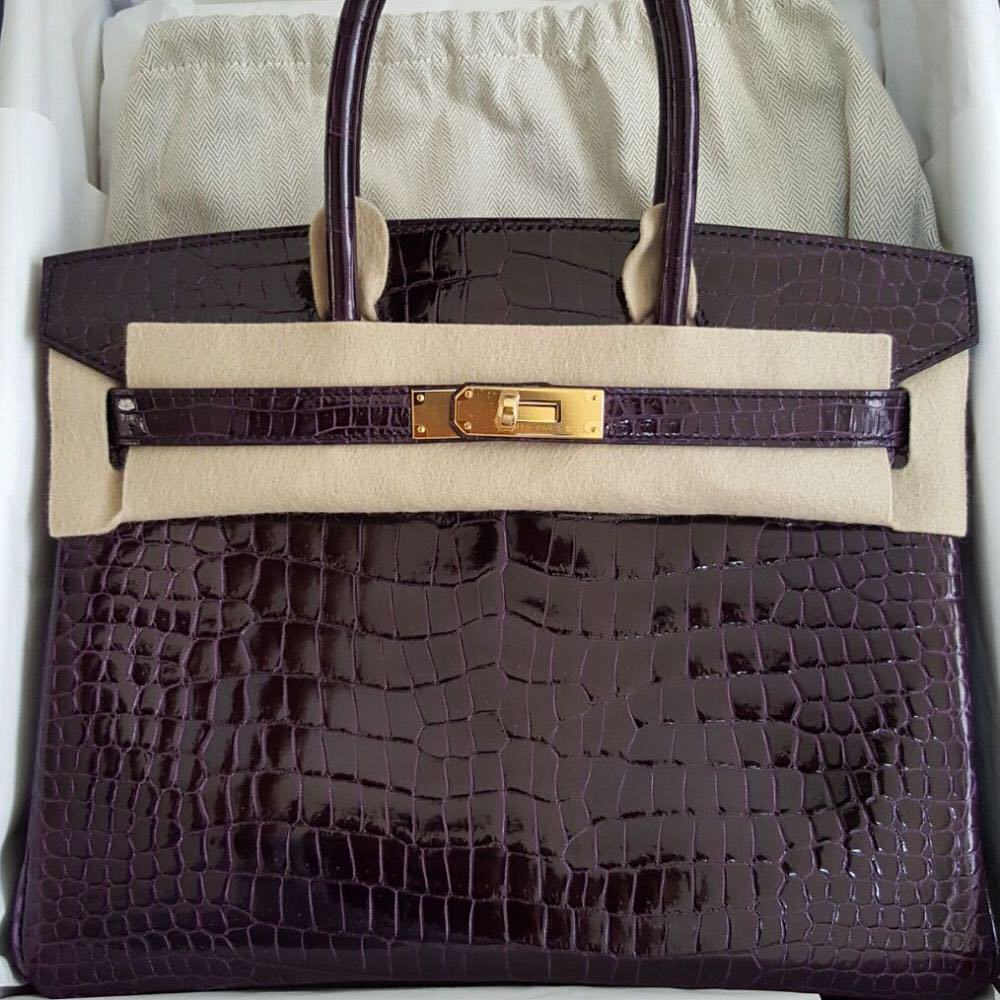 Hermes Birkin 30 Bourgogne Porosus Lisse Shiny Gold Hardware #X